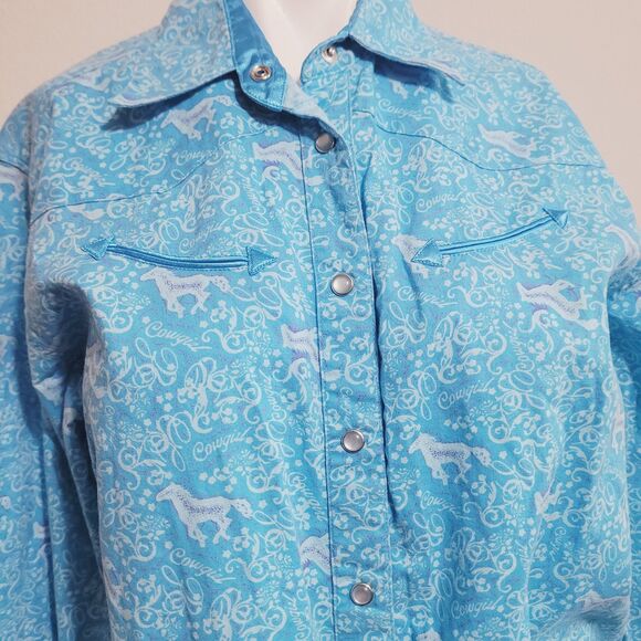 Wrangler Blues Small Polo snap button front collar horse graphic print cowgirl - Picture 8 of 11